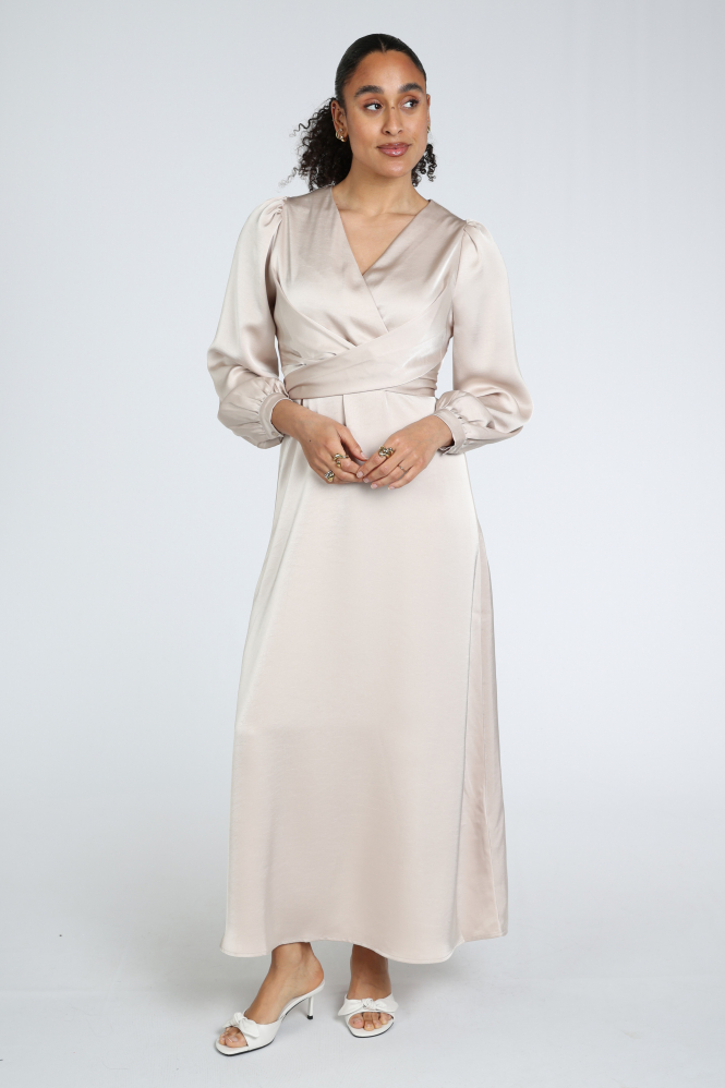 Neo Noir Bretti Heavy Sateen dress Jurk lange mouw Beige