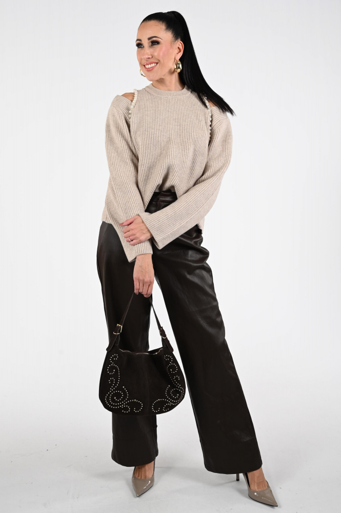 Co'couture row pearl knit Trui Bruin