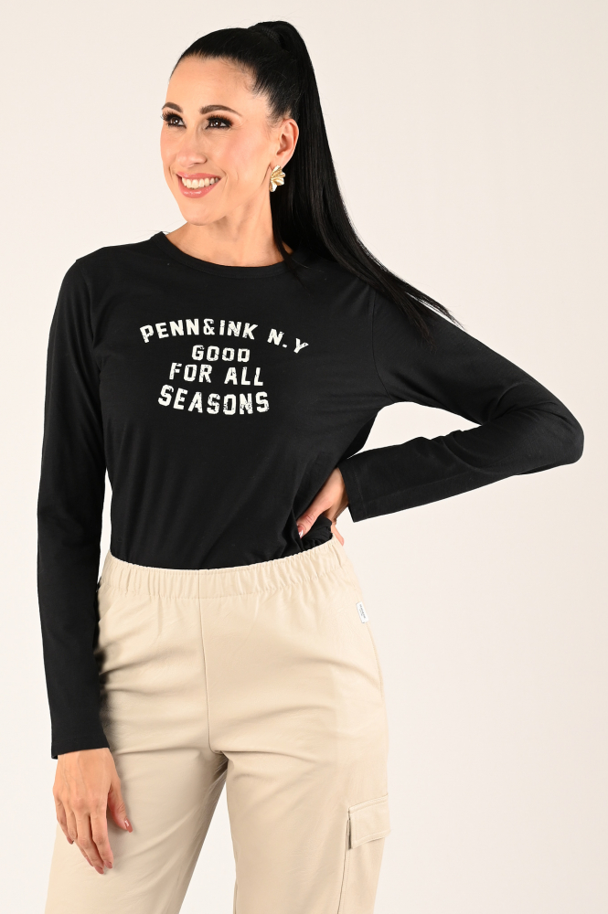 Penn & Ink W24F1514-A T-shirt lange mouw Zwart