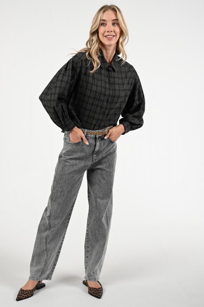 By-Bar Sarah check blous Blouse lange mouw Grijs